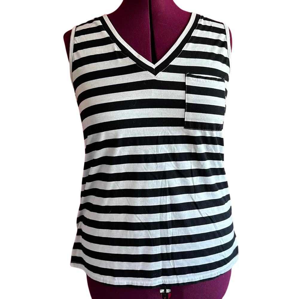 Womens Top Size Large Black White Stripe Tank Front Pocket Casual Vacation Beach